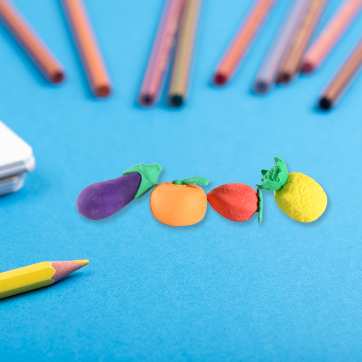 Mini Cute Veg & Fruit Erasers – 3D Colorful Eraser Set for Kids (4 Pc)