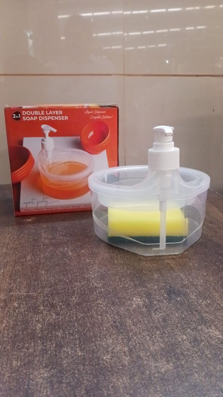 2 in 1 Double Layer Liquid Soap Dispenser with Pump and Sponge