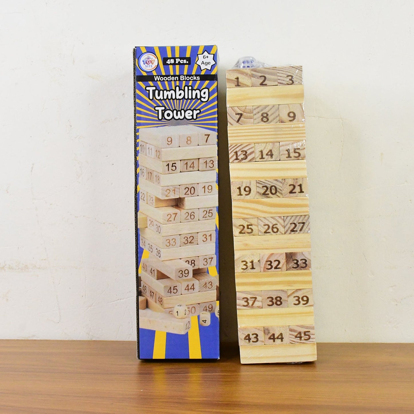 Wooden Tumbling Stacking Tower Game, Zenga tower (48 Pcs Blocks 2 Dices)