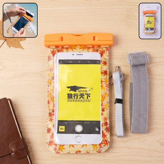 Orange maple leaf waterproof mobile pouch main view